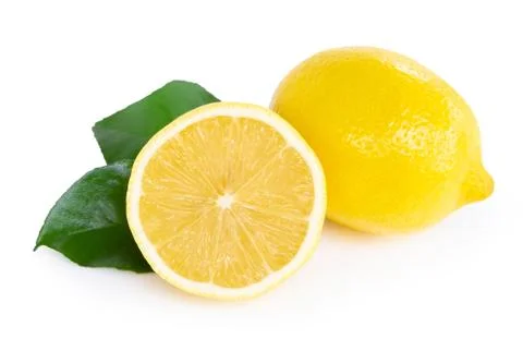 Closeup fresh lemon fruit slice with green leaf on white background, food and Stock Photos