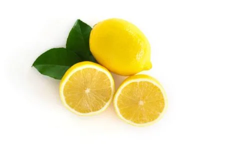 Closeup fresh lemon fruit slice isolated on white background, food and health Stock Photos