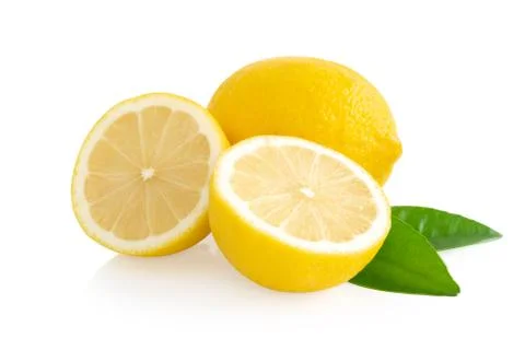 Closeup fresh lemon fruit slice isolated on white background, food and health Foto stock