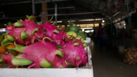 Closeup of fresh raw dragon fruit at the local Vietnamese market Stock Footage 81135236