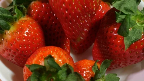 Closeup of fresh strawberry being placed in a white bowl of strawberries Stock Footage 104677103