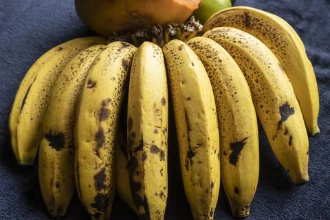 Closeup to a fresh yellow freckled banana cluster texture Stock Photos