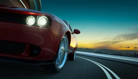 Closeup front and low angle view of a generic red brandless American muscle c Stock Photos