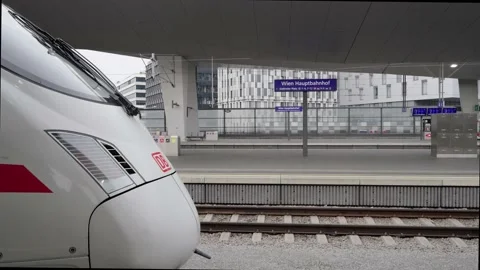 Closeup of front of DB ICE 3 train at Vienna main Train Station Stock Footage 231226306