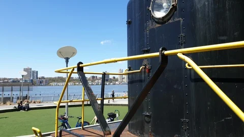 Closeup front of Retired Train Engine Sitting on Locomotive Lawn in NYC Stock Footage 129894867