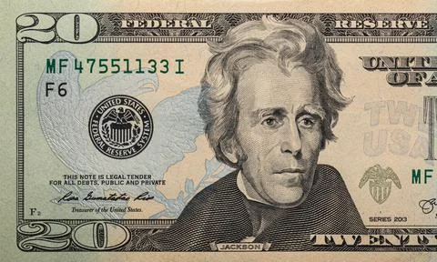 Closeup of front side of 20 dollar Stock Photos