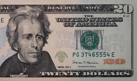 Closeup of front side of 20 dollar banknote Stock Photos