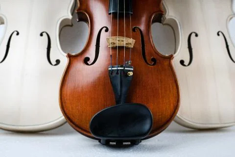 Closeup front side of completed violin put at the middle of raw violin,blurry Stock Photos