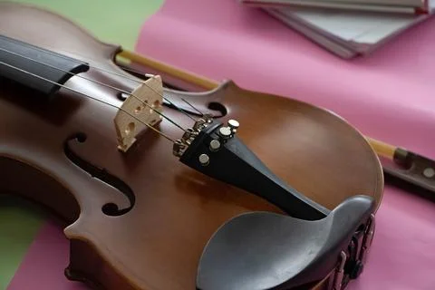 Closeup front side of violin,show part of acoustic instrument Stockfoto's