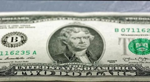 Closeup of the front of a two dollar bill. Stock Photos