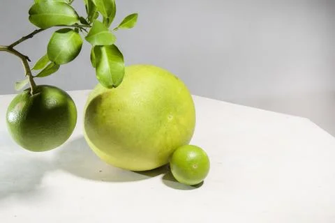 Closeup front view of round green pomelo fruit of all sizes, Stock Photos