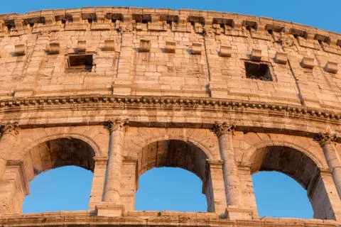Closeup front view of the three arcs of Colosseum. Rome Italy. Stock Photos