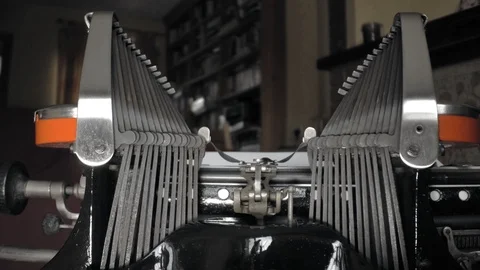 Closeup front view on typing batwing typewriter. Video stock 89316872
