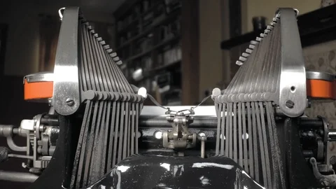 Closeup front view on typing typewriter.  machine with red details Stock Footage 89317265