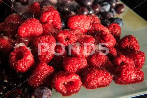 Closeup frozen thawed red raspberries and blueberries Stock Photos