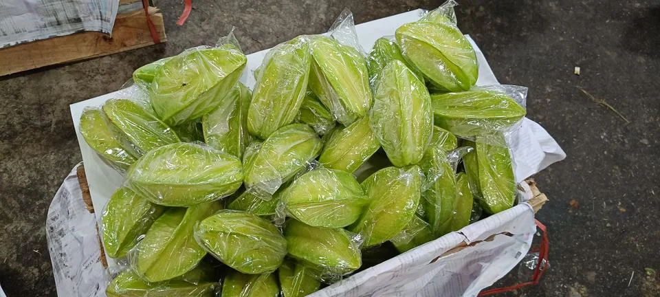 Closeup of fruit Individually packaged starfruit Stock Photos