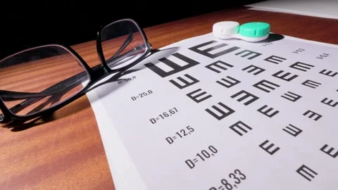Closeup of Glasses and Eye Chart on Tabletop for Eye Exam 13 Stock Footage 318660008
