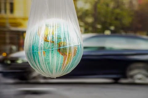 Closeup of a globe in a transparent bag on the side of North and South America's Foto stock