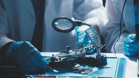 Closeup of a gloved hand installing a microchip on a blue motherboard. Perf.. Stock Footage 341547230