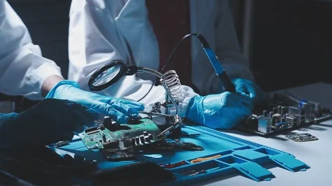 Closeup of a gloved hand installing a microchip on a blue motherboard. Perf.. Stock Footage 341547231