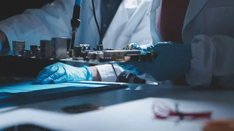 Closeup of a gloved hand installing a microchip on a blue motherboard. Perf.. Stock Footage 341547232