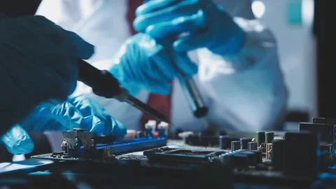 Closeup of a gloved hand installing a microchip on a blue motherboard. Perf.. Stock Footage 341547245