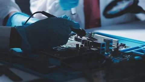 Closeup of a gloved hand installing a microchip on a blue motherboard. Perf.. Stock Footage 341547249