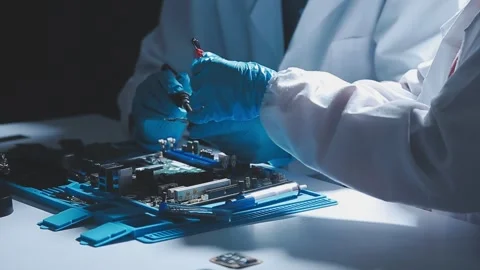 Closeup of a gloved hand installing a microchip on a blue motherboard. Perf.. Stock Footage 341547267