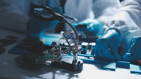 Closeup of a gloved hand installing a microchip on a blue motherboard. Perf.. Stock Footage 341547283