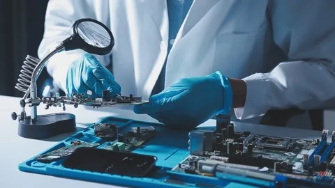 Closeup of a gloved hand installing a microchip on a blue motherboard. Perf.. Stock Footage 341547302