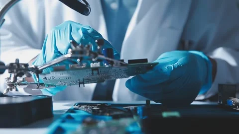 Closeup of a gloved hand installing a microchip on a blue motherboard. Perf.. Stock Footage 341547305
