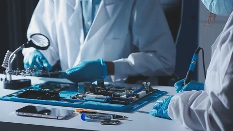 Closeup of a gloved hand installing a microchip on a blue motherboard. Perf.. Stock Footage 341547307
