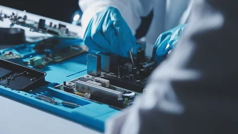 Closeup of a gloved hand installing a microchip on a blue motherboard. Perf.. Stock Footage 341547328