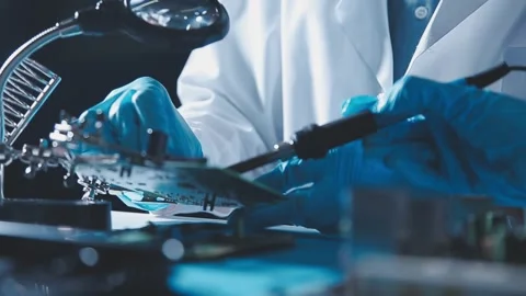 Closeup of a gloved hand installing a microchip on a blue motherboard. Perf.. Stock Footage 341547334