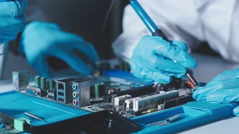 Closeup of a gloved hand installing a microchip on a blue motherboard. Perf.. Stock Footage 341547351