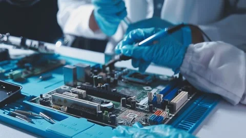 Closeup of a gloved hand installing a microchip on a blue motherboard. Perf.. Stock Footage 341547371