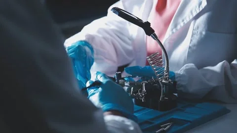 Closeup of a gloved hand installing a microchip on a blue motherboard. Perf.. Stock Footage 341547401