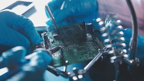 Closeup of a gloved hand installing a microchip on a blue motherboard. Perf.. Stock Footage 341547416