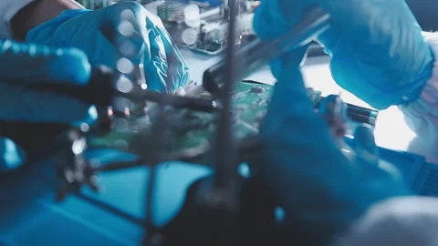Closeup of a gloved hand installing a microchip on a blue motherboard. Perf.. Stock Footage 341547447