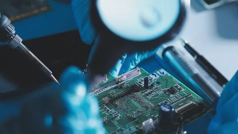 Closeup of a gloved hand installing a microchip on a blue motherboard. Perf.. Stock Footage 341547453