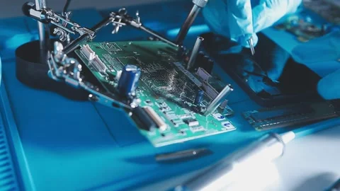 Closeup of a gloved hand installing a microchip on a blue motherboard. Perf.. Stock Footage 341547473