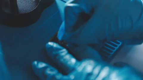 Closeup of a gloved hand installing a microchip on a blue motherboard. Perf.. Stock Footage 341547482
