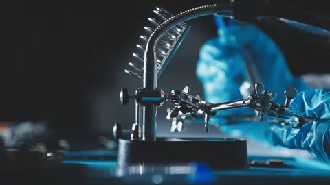 Closeup of a gloved hand installing a microchip on a blue motherboard. Perf.. Stock Footage 341547567