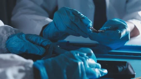 Closeup of a gloved hand installing a microchip on a blue motherboard. Perf.. Stock Footage 341547649