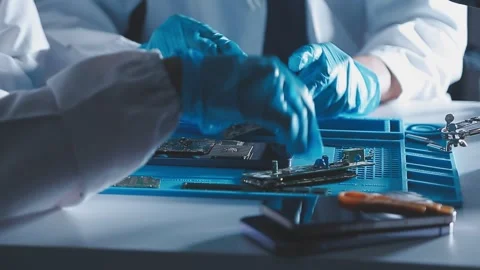 Closeup of a gloved hand installing a microchip on a blue motherboard. Perf.. Stock Footage 341547660