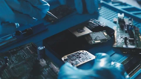 Closeup of a gloved hand installing a microchip on a blue motherboard. Perf.. Stock Footage 341547715