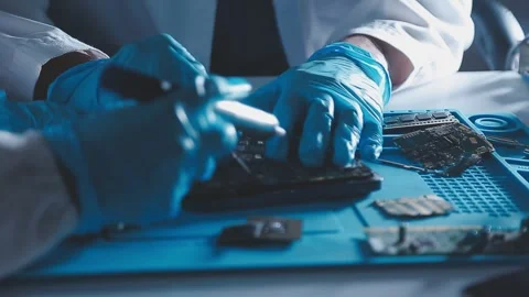 Closeup of a gloved hand installing a microchip on a blue motherboard. Perf.. Stock Footage 341547899