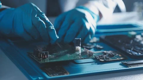 Closeup of a gloved hand installing a microchip on a blue motherboard. Perf.. Stock Footage 341550068