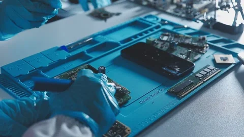 Closeup of a gloved hand installing a microchip on a blue motherboard. Perf.. Stock Footage 341550075