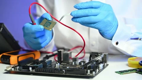 Closeup of gloved hands testing a CPU chip using multimeter. Ideal for tech.. Stock Footage 312773802